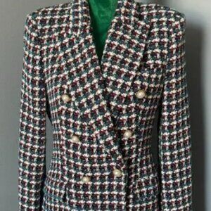 NWT ZARA TEXTURED DOUBLE BREASTED BLAZER TWEED CHECK PLAID JACKET PEARL BUTTON